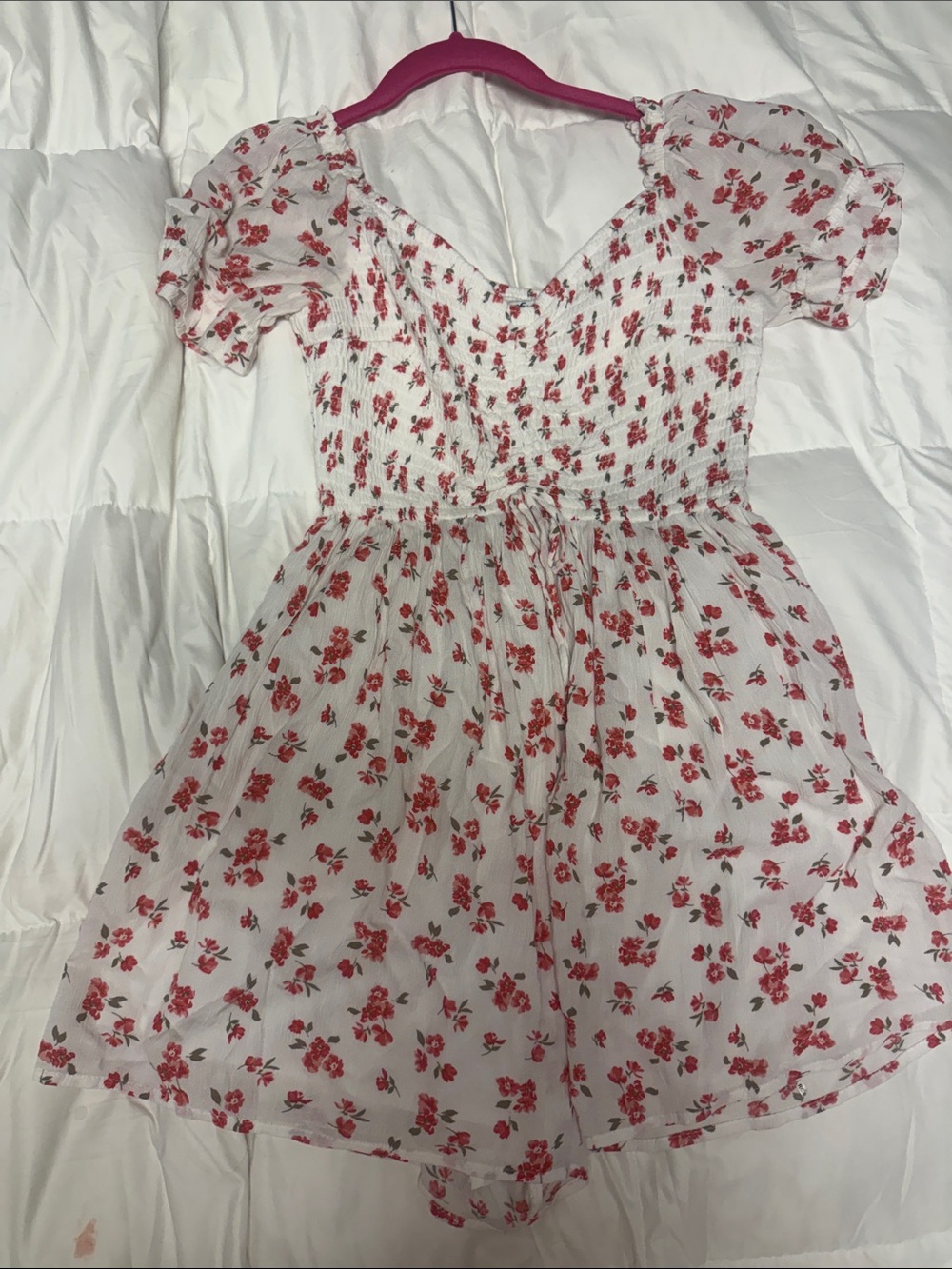 Girls' White Floral Smocked Puff-Sleeve romper Dress - Pink Rose Print